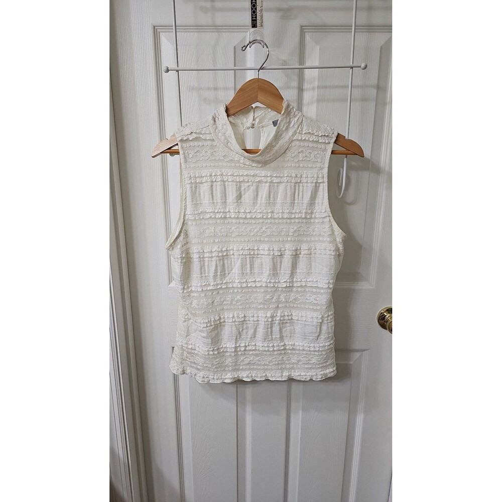 NY Collection White Tiered Lace and Ruffle Sleeveless High Neck Blouse